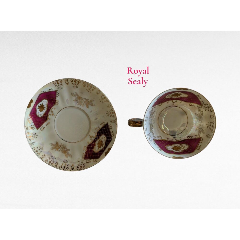 Royal Sealy China Footed Teacup Saucer Burgundy Gold Lusterware Japan